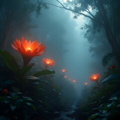 Alien Jungle with Gigantic Exotic Flowers and Fog – Fantasy Nature Concept Art