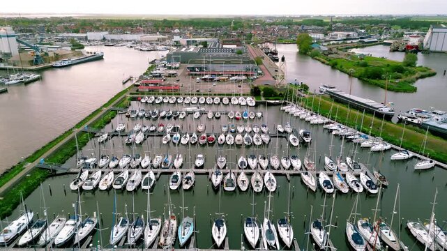 Top down view of port and marina during sunset in Urk fishing village in The Netherlands