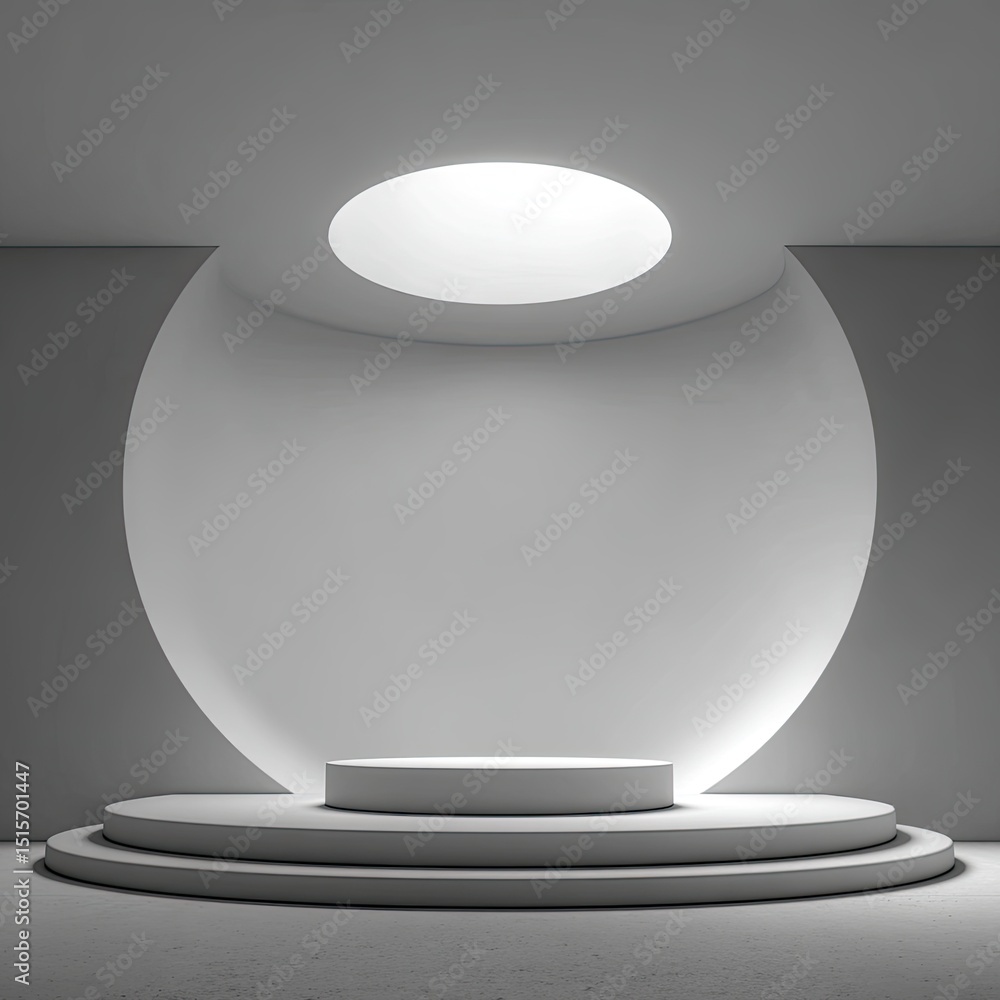 Poster minimalist 3d render of a circular, tiered podium illuminated by a ceiling light within a recessed, 