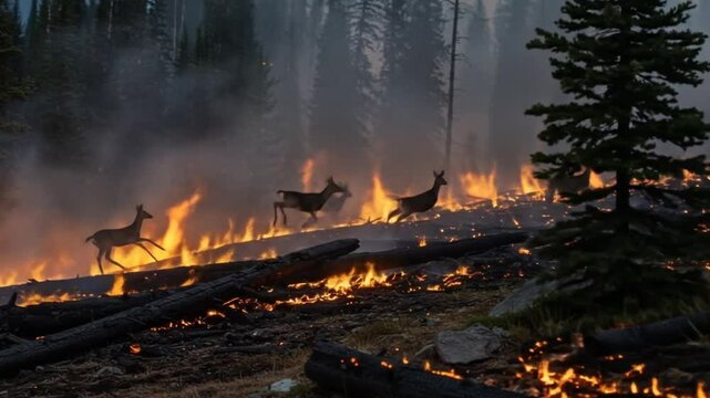 Deer escaping wildfire in forest