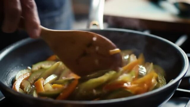 Chef cooks delicious hot meat and vegetables in a pan for a healthy meal