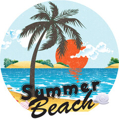 Summer Beach Scene – Tropical Sunset Illustration with Palm Trees and Ocean for T-Shirt
 A colorful beach view with sunset, palm trees, and ocean waves – perfect for sunny T-shirts