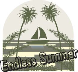 Endless Summer – Sailing Boat and Palm Tree T-Shirt Vector with Nautical Sunset Theme
A sailing scene with palm trees and retro “Endless Summer” text, ideal for summer t-shirts.