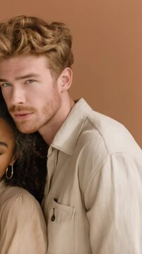 Attractive interacial couple portrait with tan skin posing in shirts against a neutral background, displaying elegant fashion and intimate togetherness.