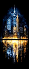 City skyline with a reflection of the buildings in the water. The reflection is illuminated by the city lights, creating a warm and inviting atmosphere