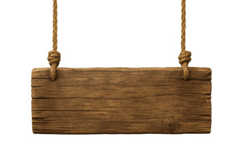 Plakat Weathered wooden sign suspended from ropes, ready for custom messaging against transparent backdrop