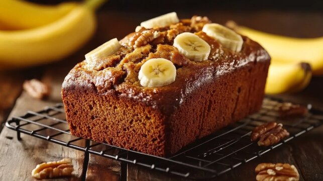A loaf of banana bread cooling on a wire rack, surrounded by ripe bananas and a sprinkle of nuts, evoking a cozy baking atmosphere.