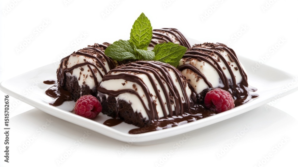Poster a luxurious chocolate dessert plated with a drizzle of raspberry sauce and garnished with mint leave