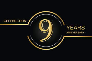  Elegant 9-year anniversary logo design with gold lines and number on a black background, perfect for celebrations and milestones.