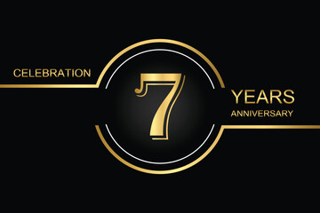  Elegant 7-year anniversary logo design with gold lines and number on a black background, perfect for celebrations and milestones.