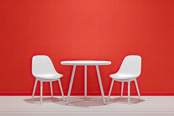 Fototapeta premium Minimalist scene two white chairs flank a small round white table against a vibrant red wall; simple, clean lines