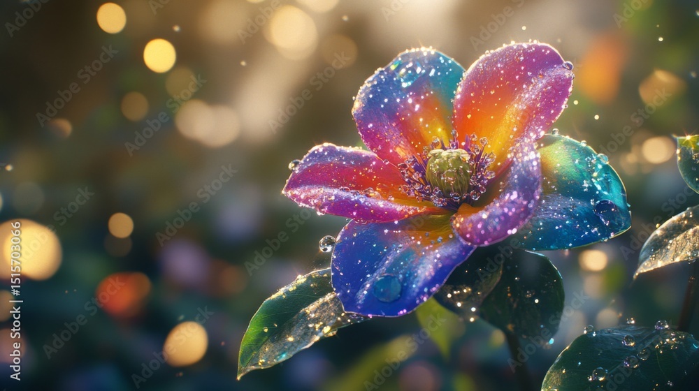 Poster a macro shot of a colorful flower with sparkling water droplets on its petals, set against a blurred