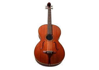 Traditional wooden string instrument with dark brown finish isolated on transparent or white background
