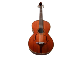 Traditional wooden string instrument with dark brown finish isolated on transparent or white background