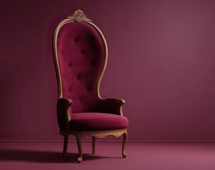A tall, ornate crimson velvet armchair with a high, curved back and carved wooden frame stands against a maroon wall
