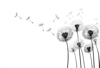 Monochrome image of several dandelion seed heads, some intact, others releasing seeds carried on the wind against a stark white background