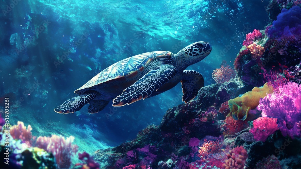 Poster a peaceful image of a sea turtle resting on a rocky seabed, with soft corals and colorful sponges su
