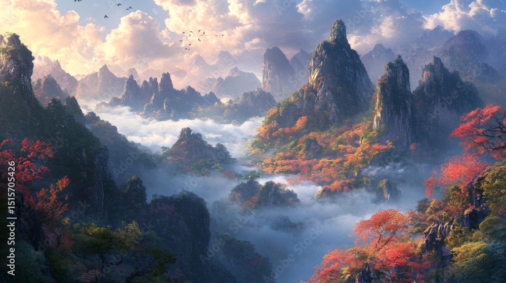 Poster A peaceful scene of a high mountain range with mist rolling over the peaks, creating a mystical atmosphere with soft, diffused sunlight