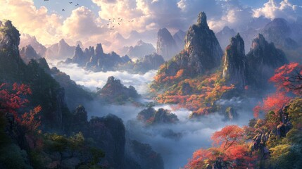 A peaceful scene of a high mountain range with mist rolling over the peaks, creating a mystical atmosphere with soft, diffused sunlight