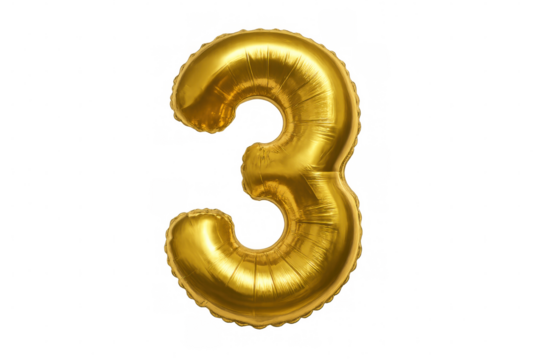Shiny golden balloon forming number three floating on transparent background, ideal for celebrations, anniversaries or birthdays