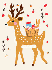 Naklejka premium Charming hand drawn illustration of deer with antlers, carrying basket filled with goodies. background features small red berries and leaves, creating whimsical and festive atmosphere