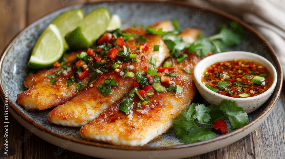 Poster a plate of crispy fried seabass topped with a shiny fish sauce glaze, placed on a rustic wooden tabl