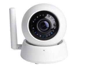 White wireless security camera with infrared night vision LEDs and rotating base for home surveillance monitoring