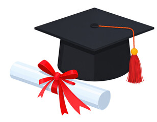 A classic black graduation cap with a red tassel rests beside a rolled diploma tied with a red ribbon symbolizing academic achievement and future success.