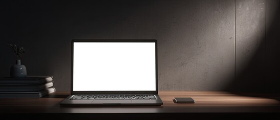 Fototapeta premium Dark room, lit laptop with blank screen, books, vase, phone on wood desk