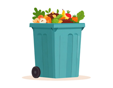 Teal compost bin overflowing with organic food waste including fruits and vegetables in flat design style - Powered by Adobe
