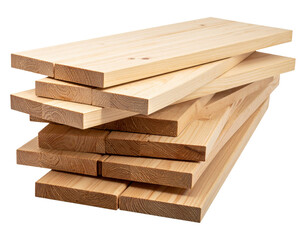 Stack of natural wooden lumber planks isolated on transparent background for construction projects