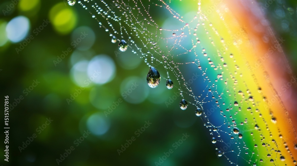 Poster a rainbow reflecting in raindrops on a spiderweb, with blurred greenery in the background for a natu