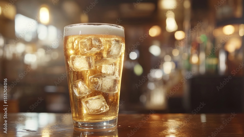 Poster A refreshing glass of beer filled with ice cubes, set on a bar counter with soft reflections, creating a cool and crisp look with a touch of ambient light