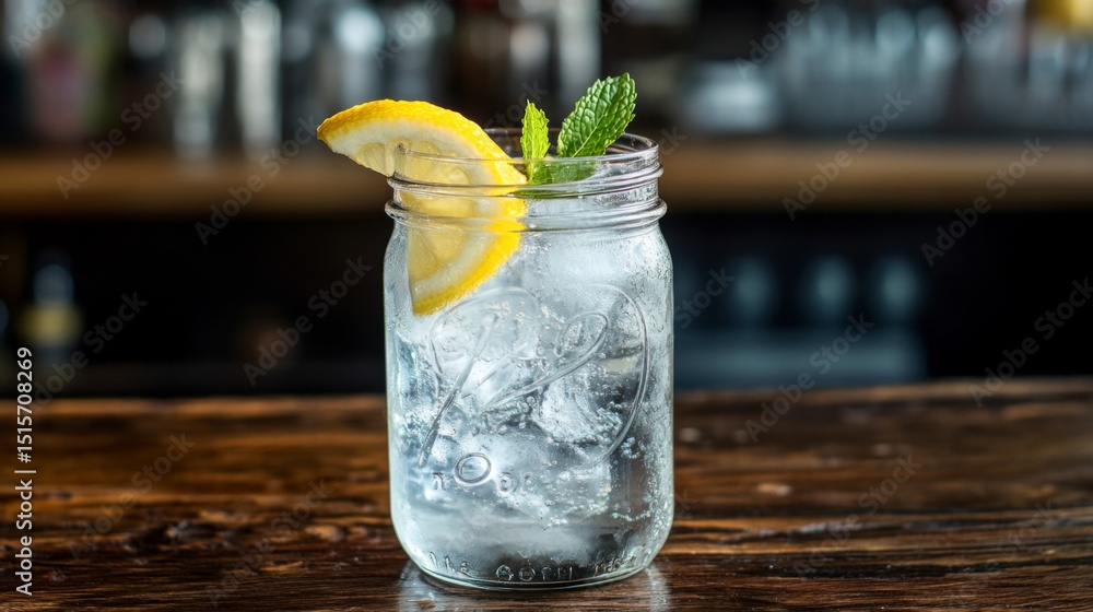 Poster a refreshing soda served in a mason jar with ice, topped with a lemon slice and mint, sitting on a r