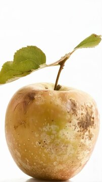 Organic apple with blemishes and two green leaves on a white surface displaying natural imperfections and decay for conceptual use.