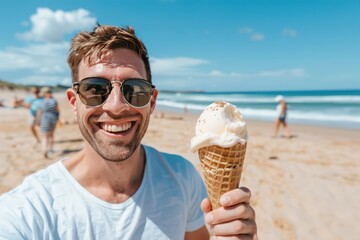 Plakat Beach Bliss: Smiling Man Enjoying Ice Cream on Sandy Shore