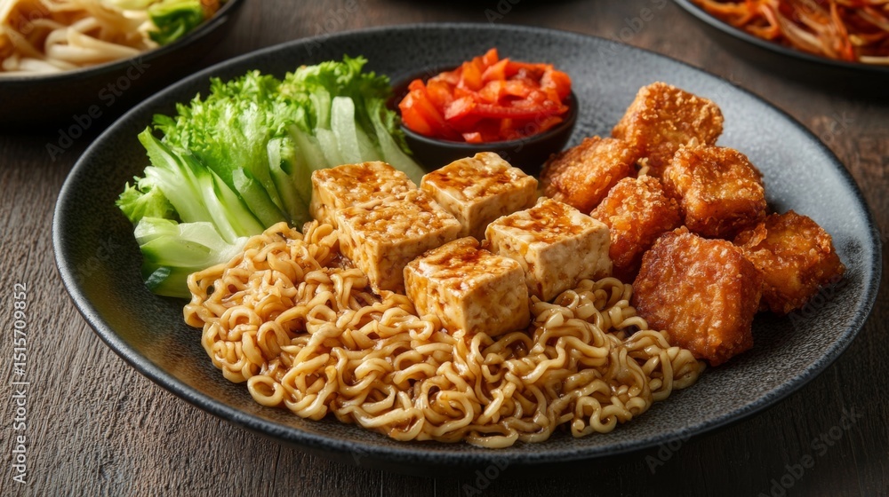 Poster a serene image of instant noodles served with a side of crispy fried tofu and vegetables, arranged b