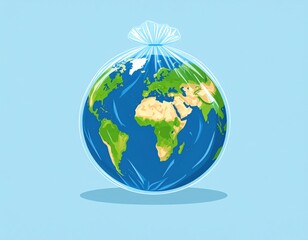 Earth planet wrapped in transparent plastic bag symbolizing environmental protection, climate change, and global warming concept on blue background.