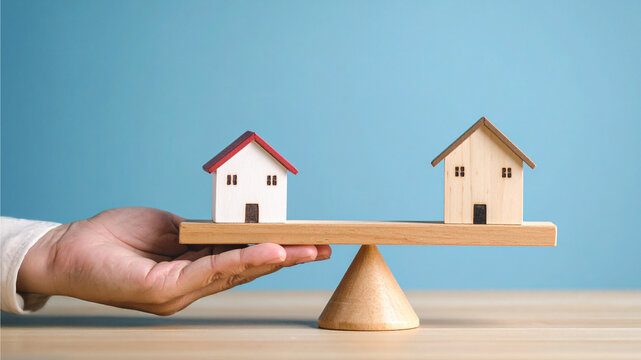 Balance in the Housing Market: Two miniature houses sit balanced on a scale, symbolizing equal values in the housing market. It showcases concepts of equality, property investment.