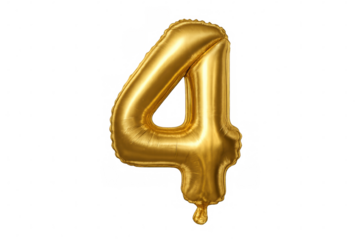 Inflated golden balloon number four floating on a transparent background, perfect for celebrations, anniversaries, and birthdays