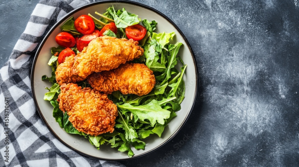 Poster A serene view of crispy fried chicken paired with a refreshing salad, creating a balance between indulgence and health in a beautifully arranged meal.