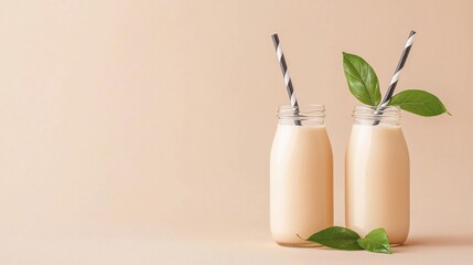 Two glasses of creamy milk garnished with a fresh green leaf on top displaying a refreshing and natural appeal