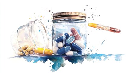 Pastel-colored watercolor illustration depicting drug issues, hand-drawn on white background