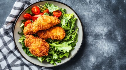 Fototapeta premium A serene view of crispy fried chicken paired with a refreshing salad, creating a balance between indulgence and health in a beautifully arranged meal.