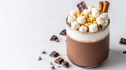 An elegant chocolate dessert layered in a transparent glass showcasing rich textures and decadent ingredients