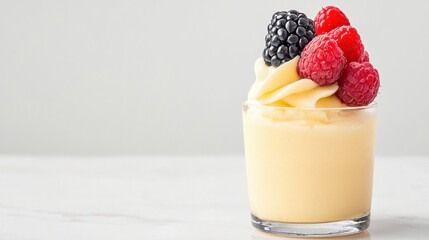 A delicious dessert featuring fresh fruit and a ripe banana topped with cream and served in a colorful dish