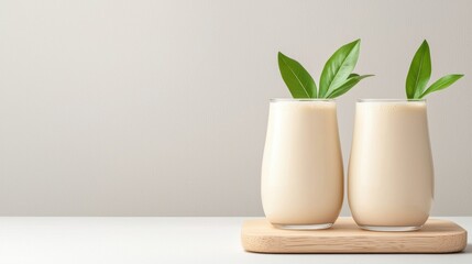 Two tall glasses of fresh milk with a green leaf garnish adding a touch of nature to the refreshing beverage