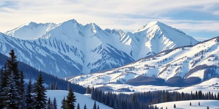 Majestic snow-capped winter mountains, pine trees, rolling hills, serene landscape,  landscape,  evergreen