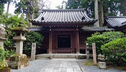 A traditional temple building in a serene environment, showcasing intricate architectural details
