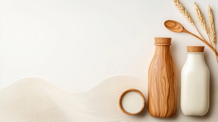 A glass bottle of milk alongside a wooden spoon ready for cooking or baking in a cozy kitchen environment